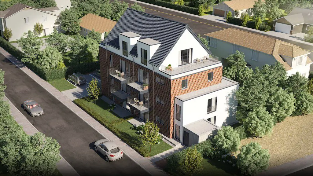 Ansicht eines modernen Mehrfamilienhauses mit Balkonen und Dachterrasse in einer Wohngegend.