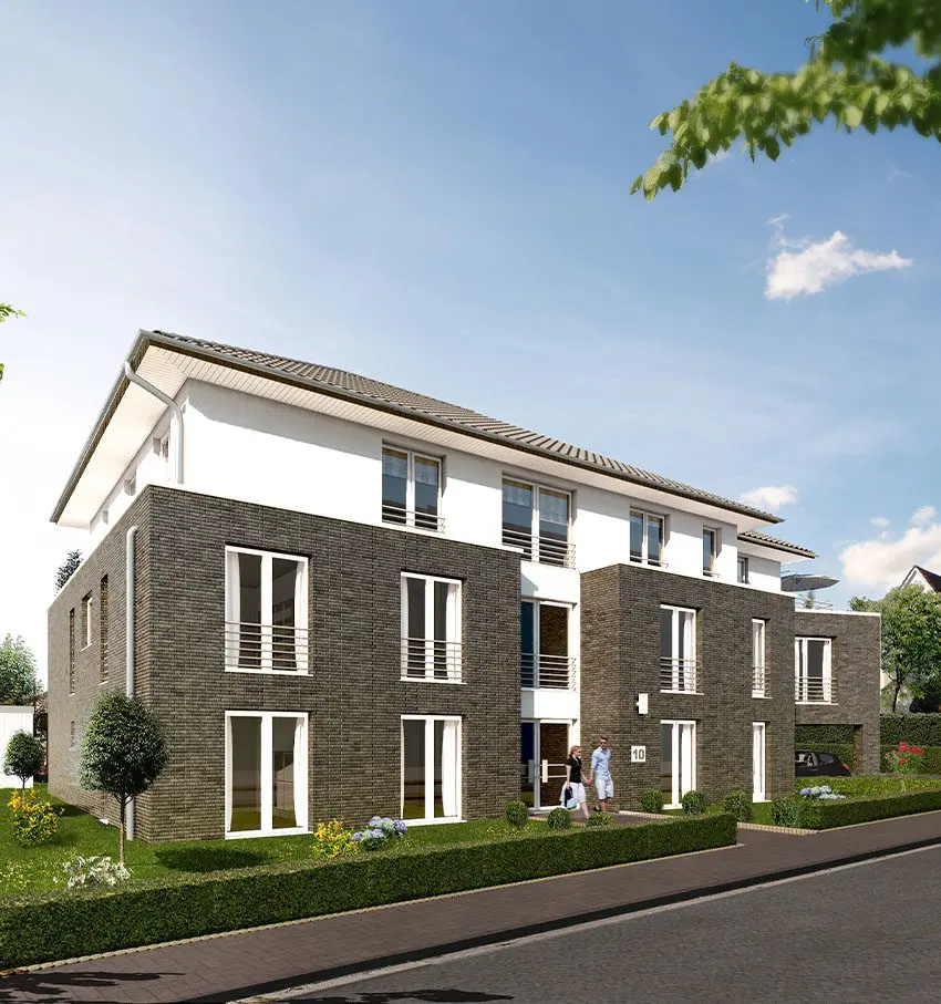 Visualisierung eines modernen Mehrfamilienhauses mit dunkler Klinkerfassade und hellen Akzenten.