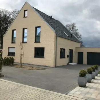 EFH-25: Ansicht eines modernen Einfamilienhauses mit Garage und gepflasterter Zufahrt bei bewölktem Himmel.