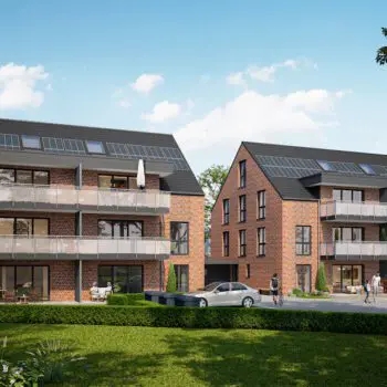 Ansicht von Mehrfamilienhäusern (MFH-12) mit Ziegelsteinfassade, Balkonen und Solaranlagen auf den Dächern unter blauem Himmel.