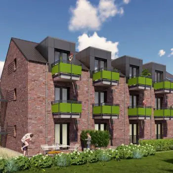 Visualisierung Mehrfamilienhaus (MFH-18) mit Ziegelmauerwerk, grünen Balkonen und Gartenanlage unter blauem Himmel.