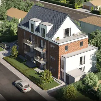 Ansicht eines modernen Mehrfamilienhauses (MFH-21) mit Balkonen, Dachterrasse und gepflegter Umgebung
