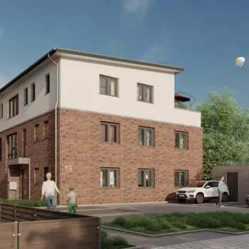 Visualisierung eines Mehrfamilienhauses (MFH) mit Fassade aus Backstein und weißen Elementen, zwei Autos und Personen im Vordergrund.