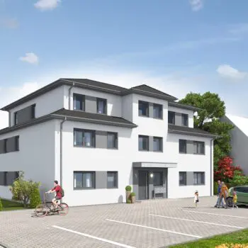 Visualisierung eines modernen Mehrfamilienhauses (MFH-5) mit Parkplatz und Menschen im Außenbereich.