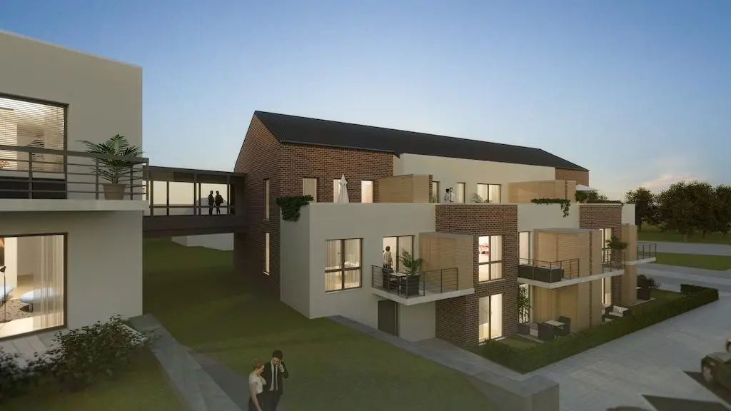 Architekturvisualisierung eines modernen Wohngebäudes mit Balkonen und Verbindungsgang.