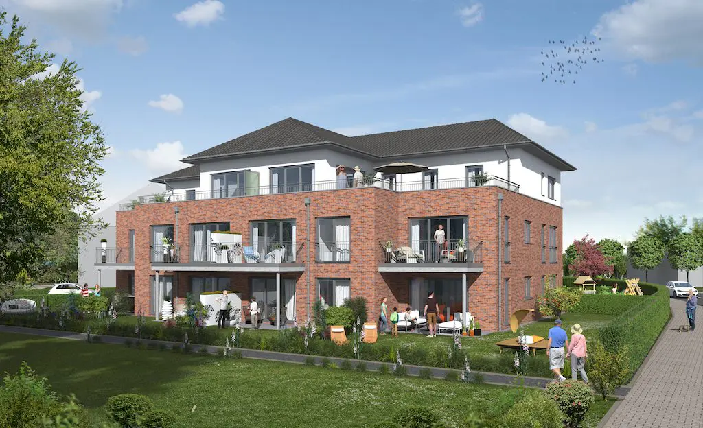 Außenansicht eines modernen Mehrfamilienhauses mit Balkonen und Gartenanlage, Wohngebäude mit Ziegelfassade.
