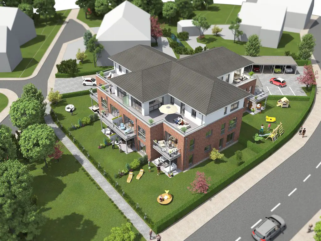 Vogelperspektive eines Mehrfamilienhauses mit Garten, Balkonen und Spielplatz. Architekturvisualisierung.