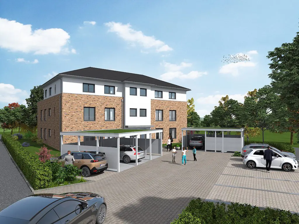 Visualisierung eines modernen Wohngebäudes mit Carports und Parkplätzen auf einem sonnigen Grundstück.