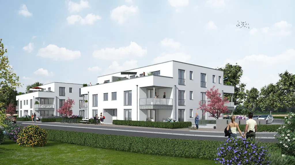 Visualisierung eines modernen, weißen Mehrfamilienhauses mit Balkonen und begrünten Außenanlagen.