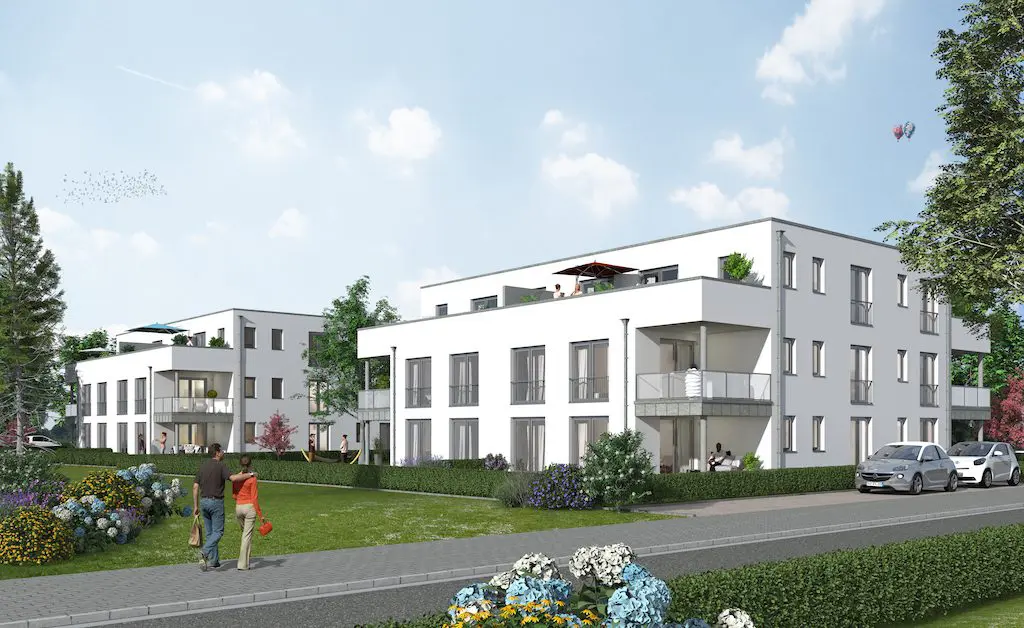 Architekturvisualisierung: Weiße Mehrfamilienhäuser mit Balkonen und Dachterrassen in grüner Umgebung.