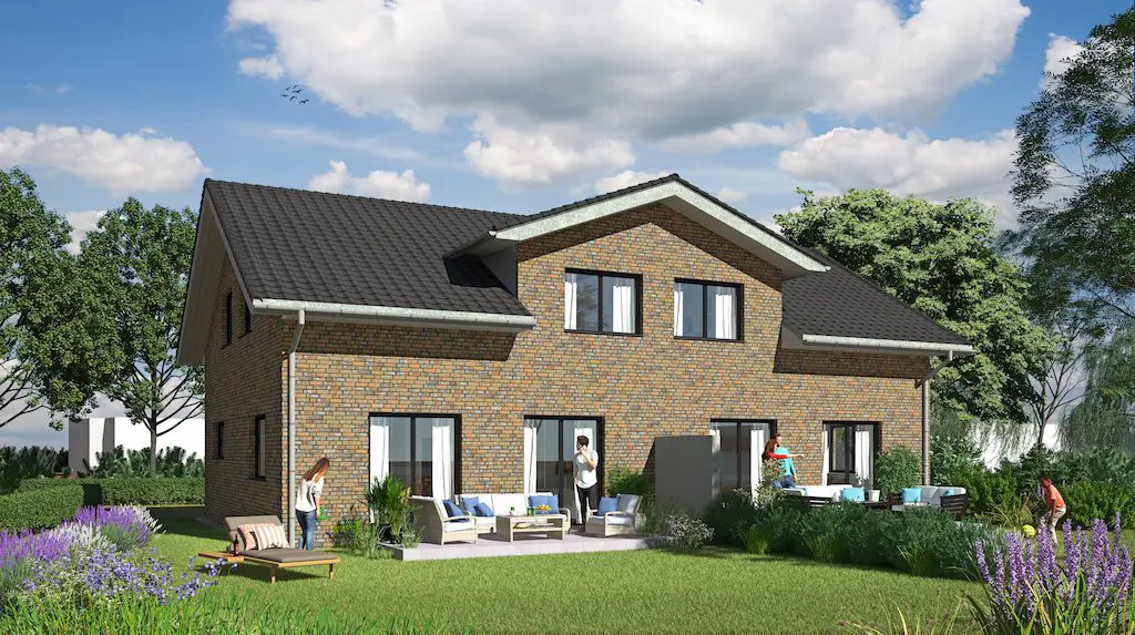 Visualisierung eines zweistöckigen Hauses mit Ziegelfassade, dunklem Dach und Gartenbereich mit Personen.