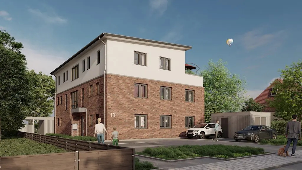 Straßenperspektive des Projekts Fröbelstraße 18: Mehrfamilienhaus mit Ziegelmauerwerk und geparkten Autos.