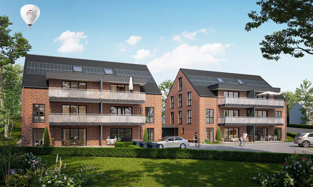 Ansicht des Projekts: Mehrfamilienhäuser mit Ziegelfassade, Balkonen und Solaranlagen auf dem Dach. Neubau.
