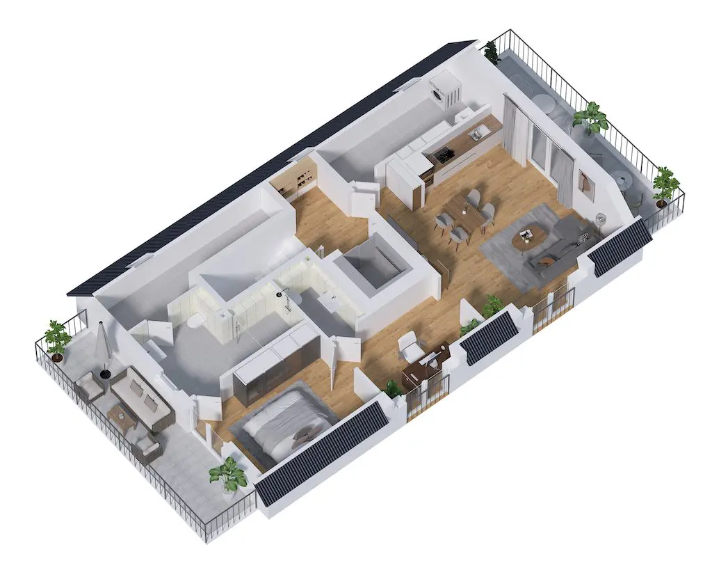 Detaillierter 3D-Grundriss einer Wohnung mit Schlafzimmer, Küche, Wohnbereich und Balkonen, Draufsicht.