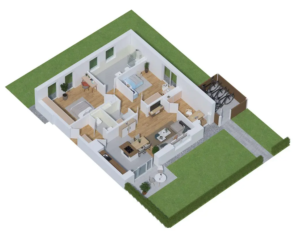 Draufsicht eines Hausgrundrisses mit zwei Schlafzimmern, Wohnzimmer, Küche und Fahrrädern im Außenbereich.