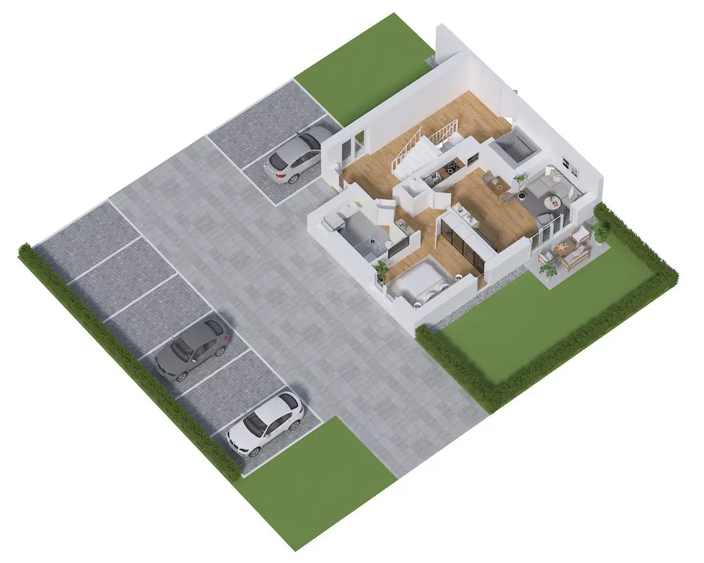 Draufsicht eines Hausgrundrisses mit Garten, Parkplatz und Inneneinrichtung, inklusive Möbeln.