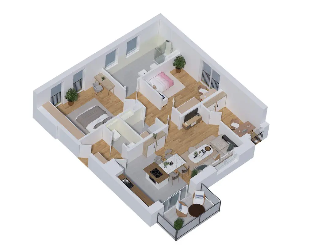 Draufsicht 3D-Grundriss einer Wohnung mit zwei Schlafzimmern, Balkon, Wohnzimmer, Küche und Badezimmer.