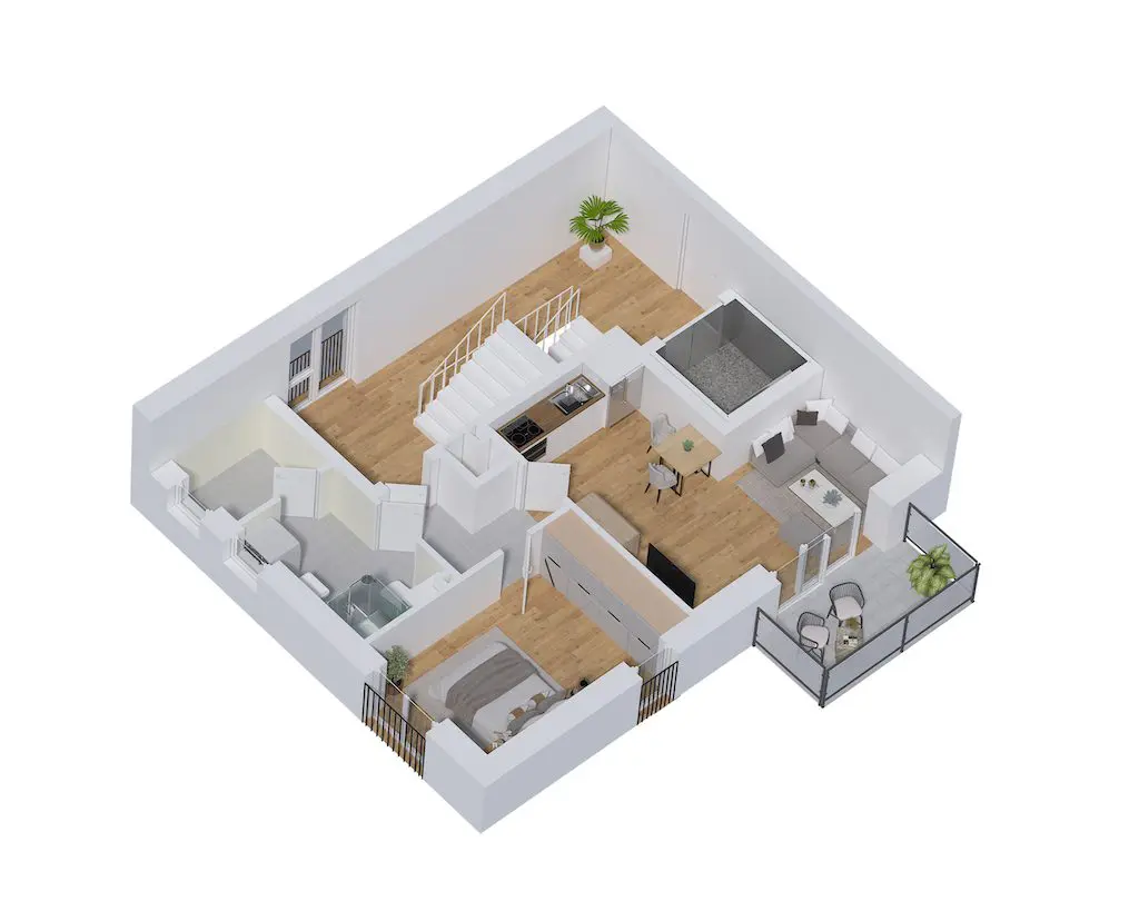 Detaillierter 3D-Grundriss eines Hauses mit Schlafzimmer, Bad, Küche, Wohnzimmer und Balkon, isometrische Ansicht.