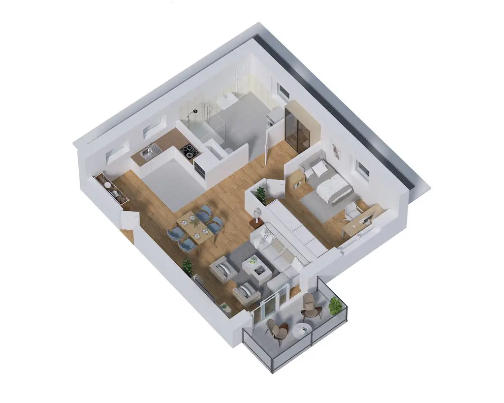 Draufsicht einer Wohnung mit Küche, Essbereich, Wohnzimmer, Schlafzimmer und Balkon in 3D-Darstellung.