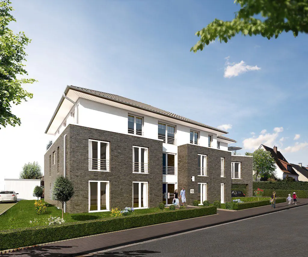 Ansicht eines modernen Mehrfamilienhauses mit dunkler Ziegelverkleidung und weißen Akzenten unter blauem Himmel.