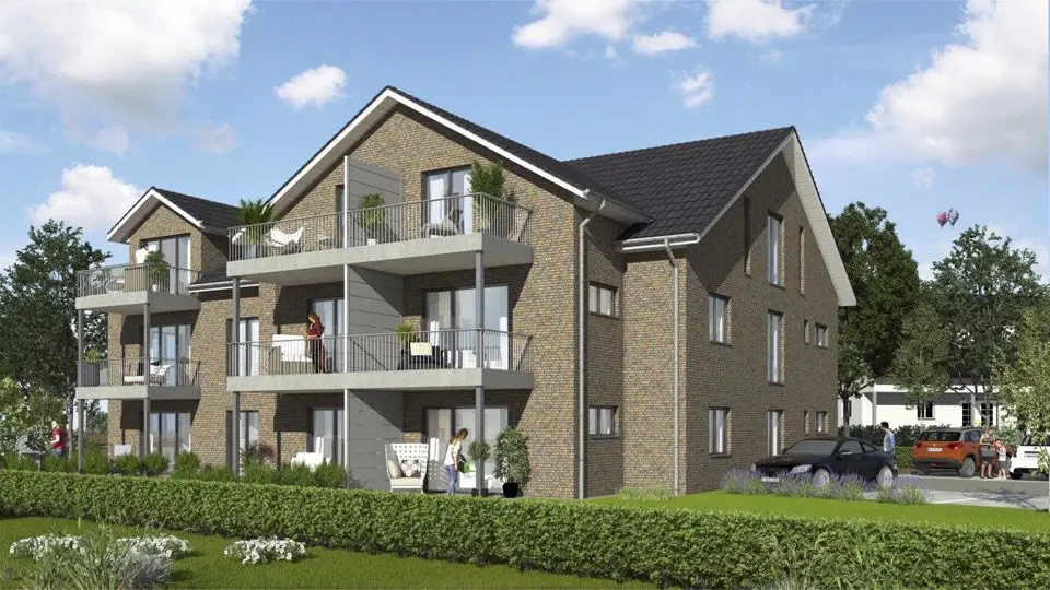 Visualisierung eines Mehrfamilienhauses mit Balkonen und gepflegtem Garten, Am Teisings Hof