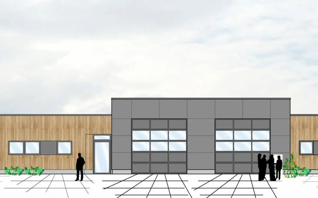 Ansicht eines modernen Gebäudes mit Holzelementen und großen Garagentoren, perspektivische Planansicht.