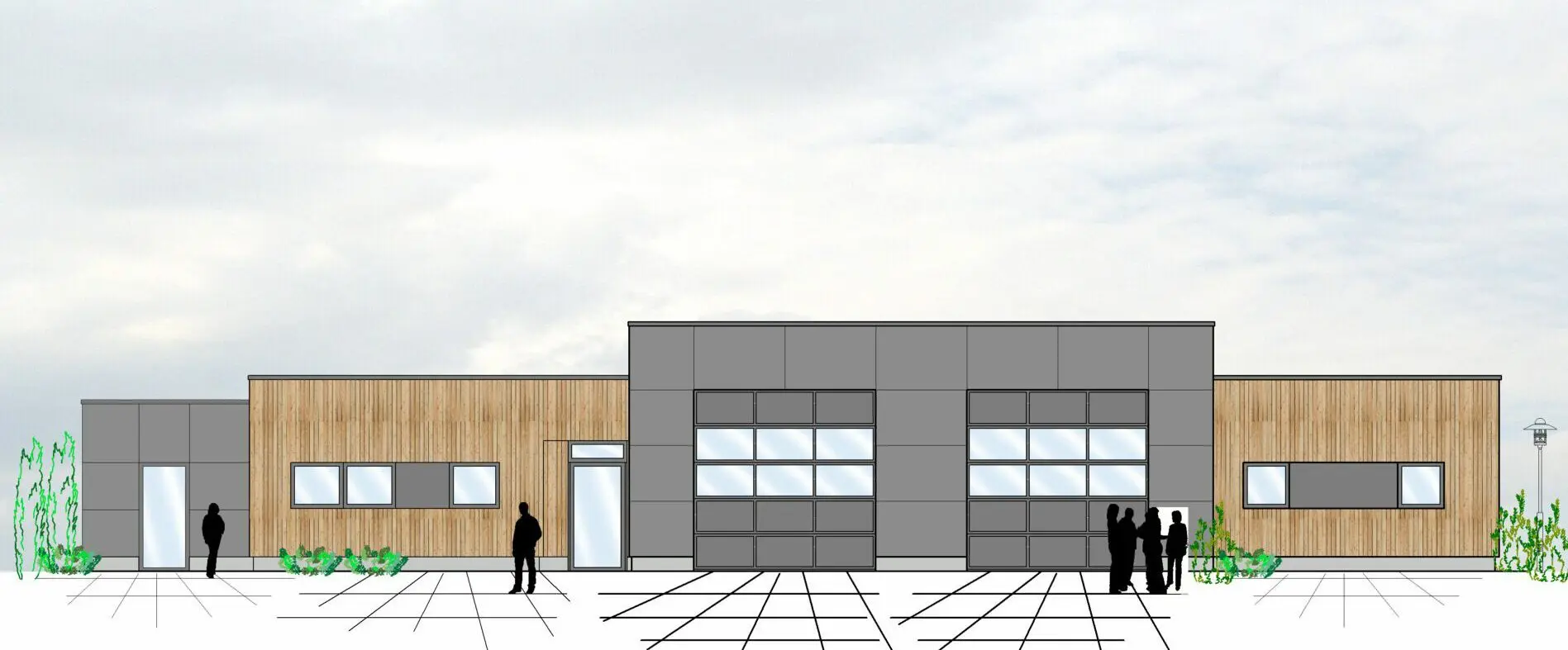 231204-Ansicht-Plan-001 Ansicht eines modernen Gebäudes mit Holzelementen und großen Garagentoren, perspektivische Planansicht.