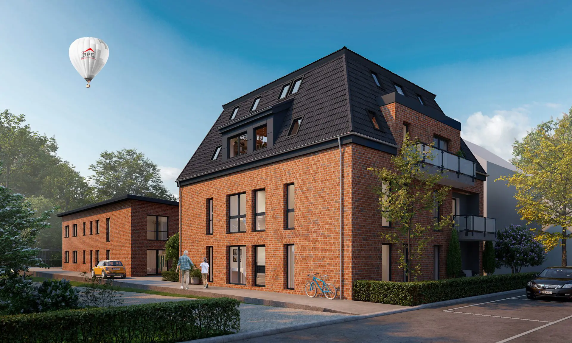 Wüstenstraße Perspektive West Visualisierung eines modernen Wohnhauses aus rotem Backstein mit dunklem Dach unter blauem Himmel.