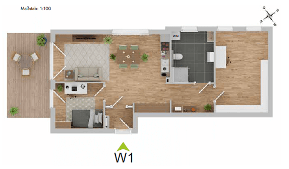 Grundriss Wohnung: Draufsicht Schlafzimmer, Wohnzimmer, Küche, Bad und Balkon mit Möbeln.