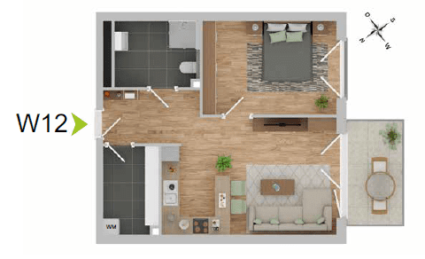 Grundriss Draufsicht auf Schlafzimmer, Bad, Küche, Wohnzimmer und Balkon.