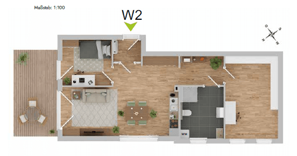 Grundriss Draufsicht mit Schlafzimmer, Wohnzimmer, Küche, Bad und Terrasse mit Möbeln.