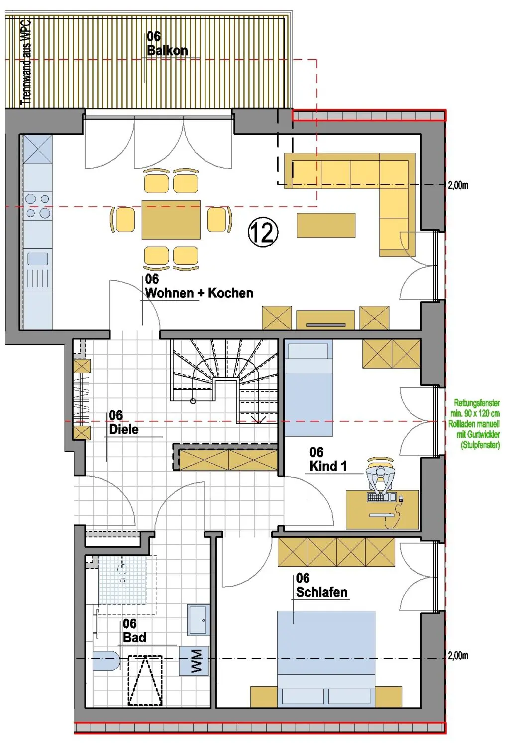 Grundriss Wohnung mit Balkon, Bad, Küche, Wohn-, Schlaf- und Kinderzimmer, Treppe und Diele.