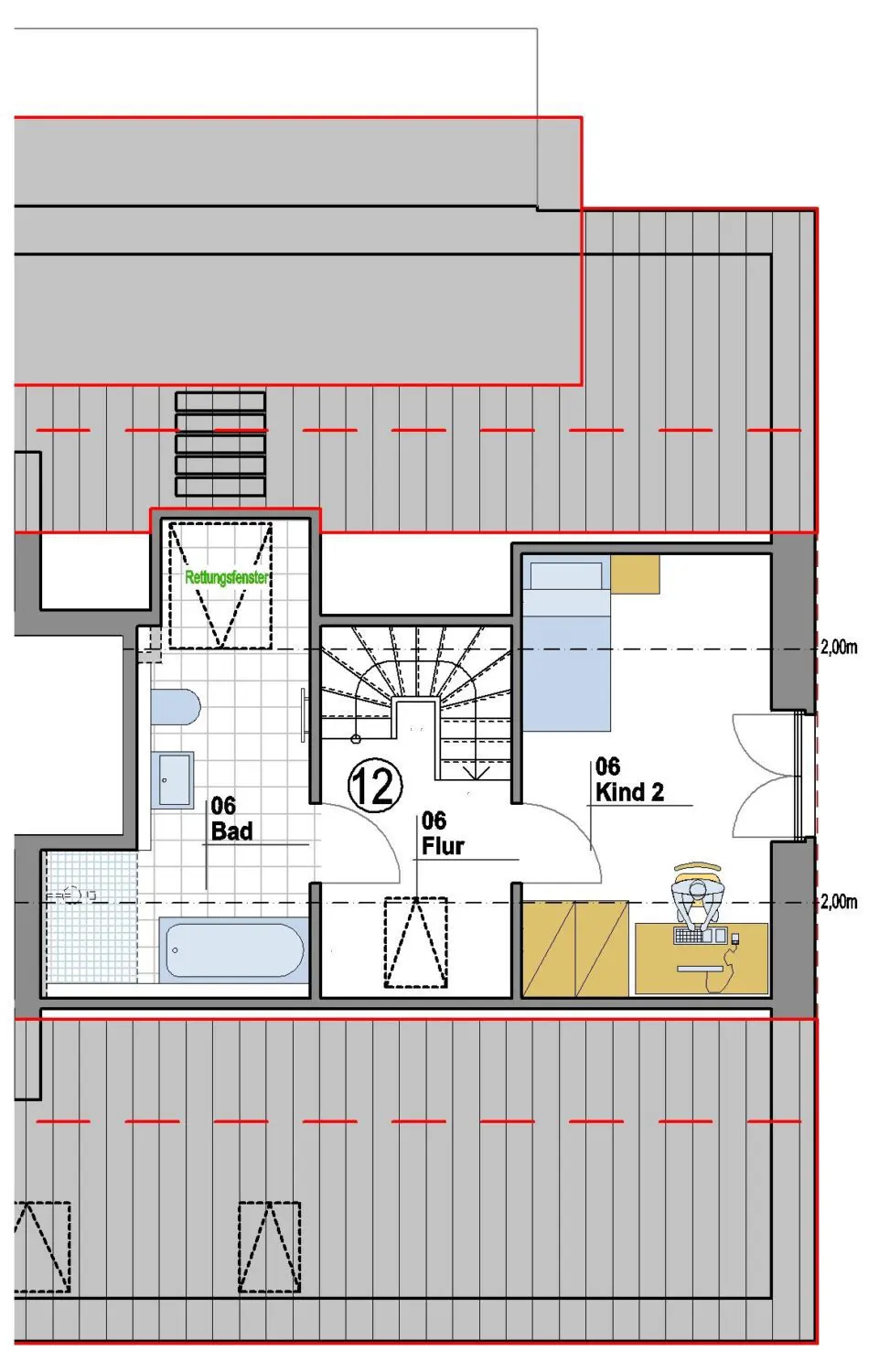 Grundriss Badezimmer, Flur, Kinderzimmer 2, Treppe, Dachschrägen und Rettungsfenster.