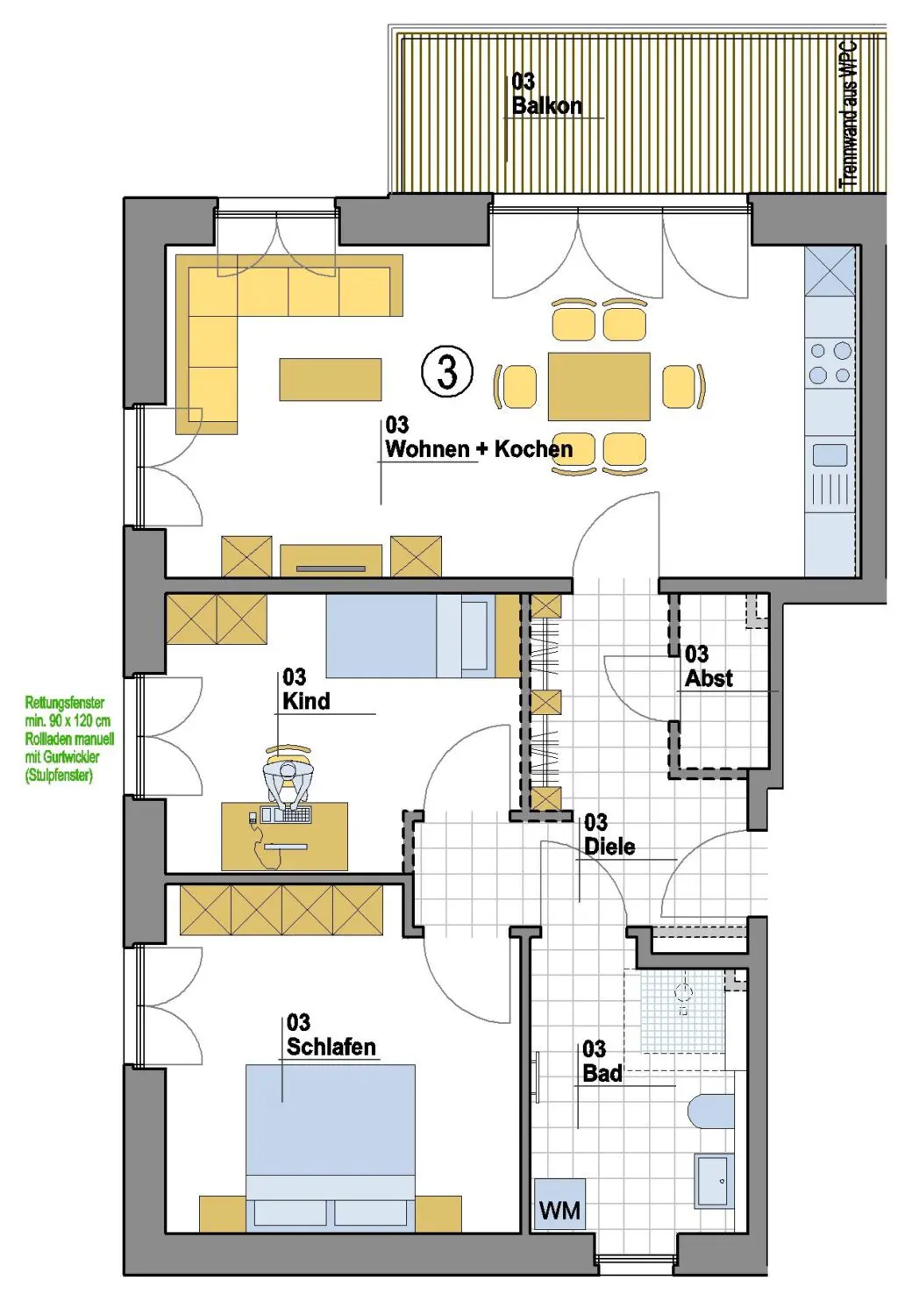 Grundriss einer Wohnung mit Wohnzimmer, Küche, Kinderzimmer, Schlafzimmer, Bad und Balkon.