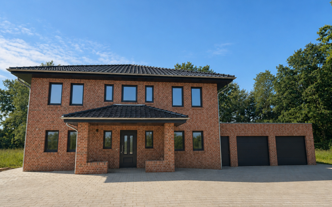 Modernes rotes Backsteinhaus mit schwarzem Dach und Garage vor blauem Himmel als architektonischer Entwurf