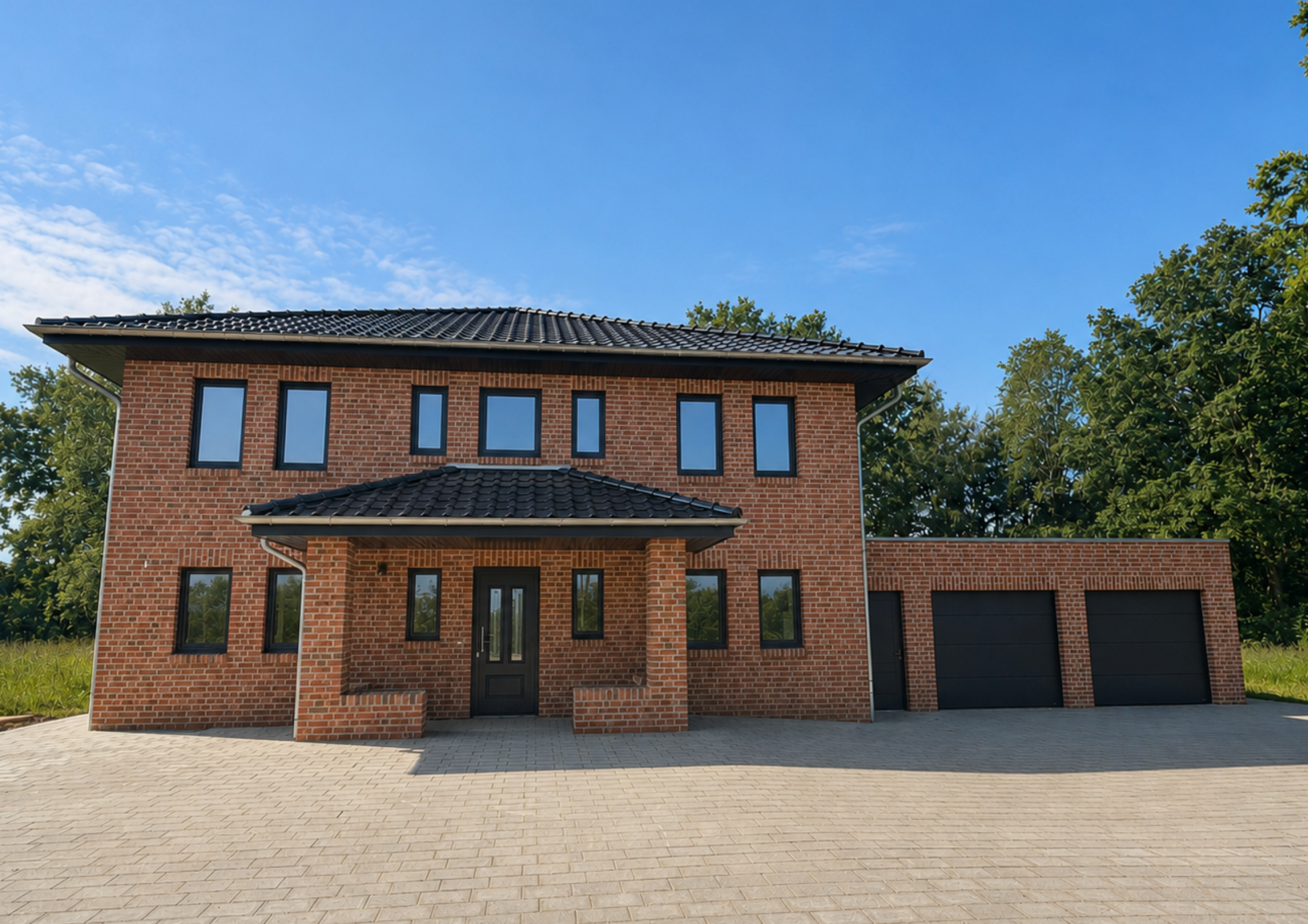 Design ohne Titel Modernes rotes Backsteinhaus mit schwarzem Dach und Garage vor blauem Himmel als architektonischer Entwurf